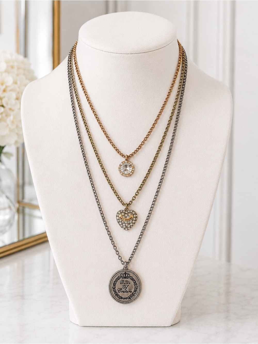 Juicy Couture Layered Mixed Metal Crystal Heart Queen Necklace Y2K NWT